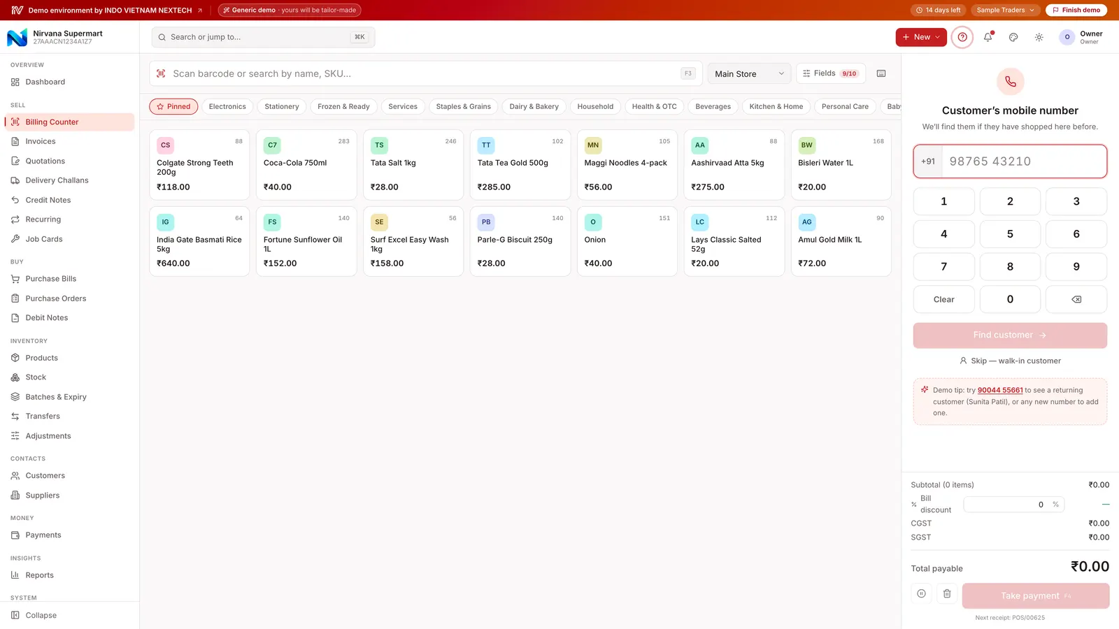 The NEXONE billing counter, with the product grid, customer keypad and live GST totals