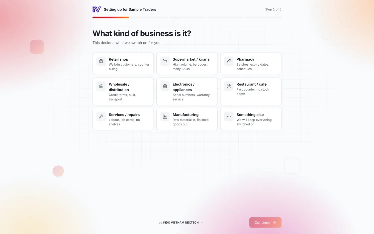 The five-question survey NEXONE shows a prospect before the app opens