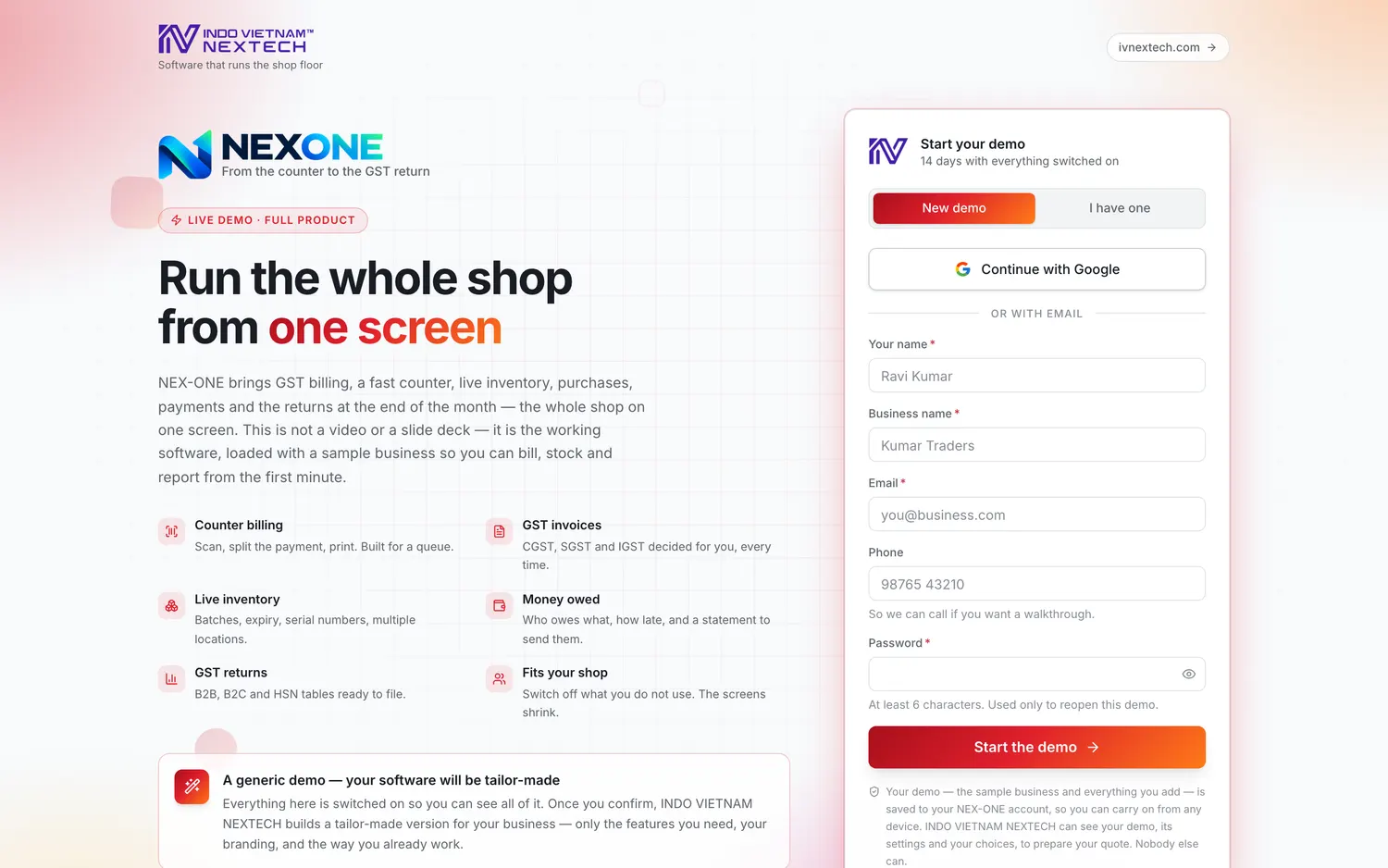 The NEXONE demo welcome screen