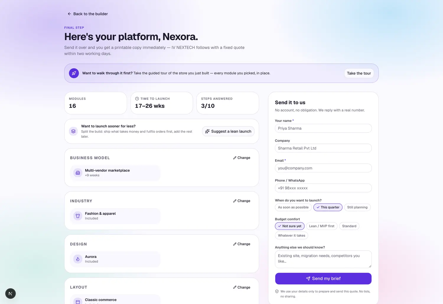 The NEXORA specification, itemised in modules and weeks