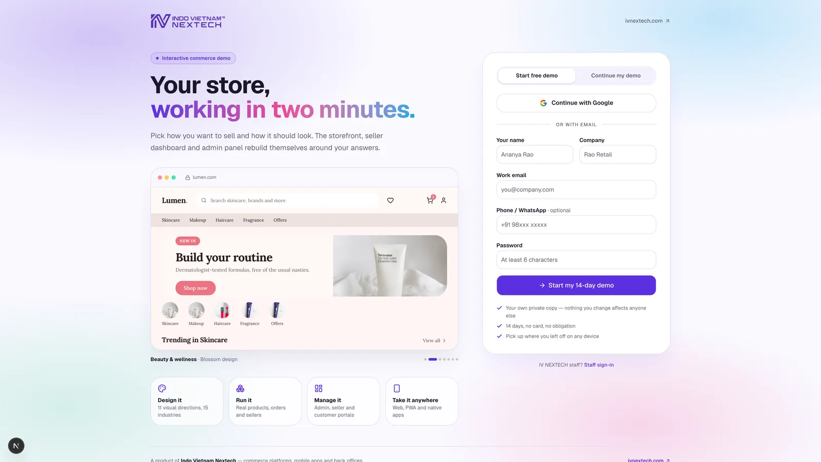 The NEXORA welcome screen, with a live storefront preview and the sign-up panel